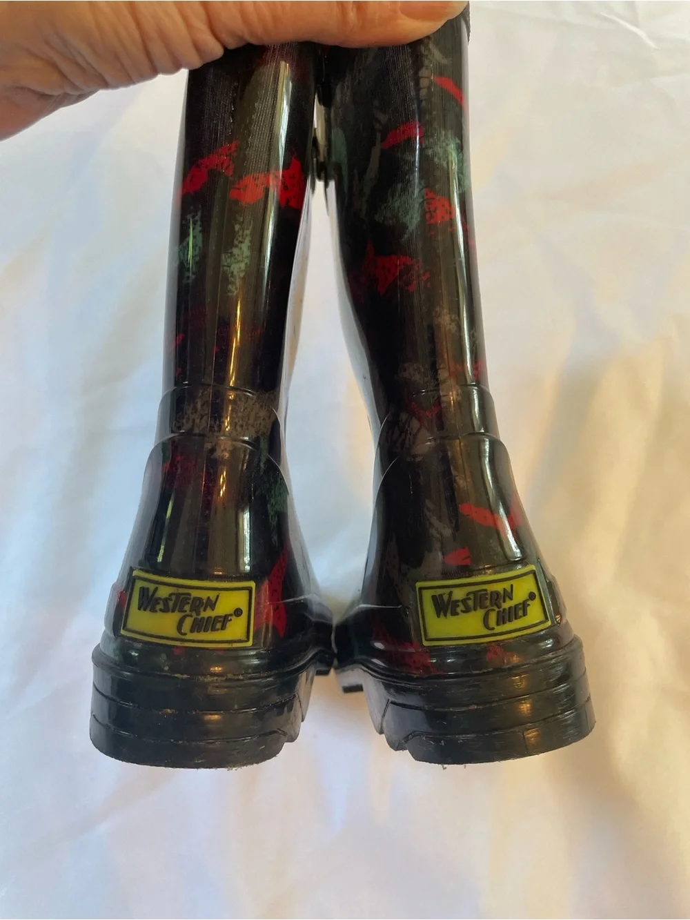 Western Chief Kids Black Lighted Rain Boots w/Teal & Red Brushstroke Print Sz 12
